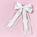 Elegant white lace bow hair clip with long embroidered butterfly streamers for women - White