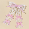 Elegant white lace hair clip with pink silk bows and long flowing ribbons for women - Pink