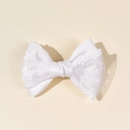 Gros plan détaillé de la barrette nœud en dentelle blanche avec ruban en satin élégant - Blanc