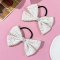 Lace bow hair ties with pearl accent and gold embroidery in sweet aesthetic style - Khaki