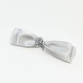 Close-up of silver-grey satin bow hair clip with a metal rose center decoration - Silver Gray Bowknot - Standard