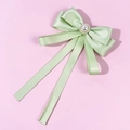 Detail of mint green satin bow tie with a large faux pearl and sparkling rhinestone trim - Light Green