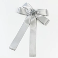 Detail of silver satin bow hair clip with a metallic rose center and long flowing ribbons - Silver Gray Bowknot - Long Ribbon
