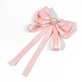Pink satin ribbon bow hair clip with central pearl ornament and golden lace edge - Pink