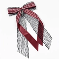 Detail of burgundy satin bow with black lace and silver cross pendant for gothic hair clips - Wine Red Cross Pendant Lace Bow (6#)