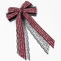Detail of burgundy satin bow with black lace trim and white handwritten script print - Wine Red Long Tail Lace Printed Bow (8#)