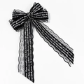 Detail of black lace bow hair clip with white cursive text and intricate wave edges - Black Long Tail Lace Printed Bow (7#)