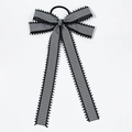 Detail of checkered bow hair clip with long ribbons and delicate black lace trim - Long Black/White Plaid Hair Tie (7#)