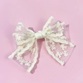 Détail d'une pince à cheveux en dentelle crème avec broderie ondulée et texture mesh - Beige