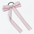 Detail of pink and white plaid bow hair tie with scalloped lace edges and long ribbons - Long Pink/White Plaid Hair Tie (8#)