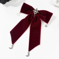 Vintage bordeauxroter Samt-Haarclip mit Stern-Mond-Anhängern und Kristallmitte - Lang Weinrot