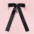 Detail of Gothic black satin bow hair clip with silver heart gemstone and cross charms - Black Heart Gem Triple Cross Style (5#)