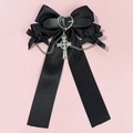 Close-up of gothic black satin bow hair clip with silver cross pendant and heart buckle - Punk Heart Buckle Chain Cross Style (6#)