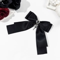 Detail of gothic black satin bow hairclip with rhinestone heart and silver cross pendant - Dark Heart Rhinestone Cross Pendant Style (7#)