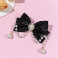 Barrette nœud en satin noir avec pampilles de perles et tournesol en strass élégant - Noir