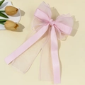 Pink tulle bow hair clip with elegant long ribbons and sheer organza fabric layers - Pink