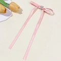 Macro detail of a pink ribbon bow hair clip featuring a sparkling heart rhinestone center - Long Ribbon Tassel Heart Rhinestone Clip (5#)