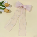 Haarklammer aus rosa Organza mit weißen Gänseblümchen-Stickereien und langen Bändern - Rosa