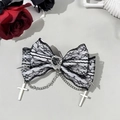 Gothic black and white lace bow hair clip with silver cross chains and heart gemstone - White