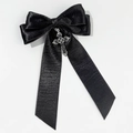 Detail view of black satin bow hair clip featuring a silver gothic cross pendant - 5#-Black Cross Pendant