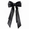 Elegant French style black satin ribbon hair bow clip with long streamers on white backdrop - Large Black Pointed Streamers Style 5