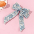 Französische Vintage-Haarklammer mit Blumenstickerei und blauem Jacquard-Muster - Blau