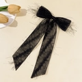 Eleganter großer schwarzer Chiffon-Haarclip mit Schleife und fließenden Quasten - Schwarzer langer Bandstil