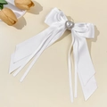 Fermaglio per capelli con fiocco in raso bianco, perla a cuore e nastri per donna - Fermagli per capelli a becco d'anatra / Bianco
