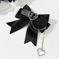 Gothic black bow hair clip with leather strap, heart buckle and pixel heart chain pendant - Black