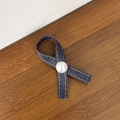 Denim bow hair clip with orange stitching and large pearl accent on a wooden surface - Pearl Decor / Dark Blue Artificial Pearl Style (4#)
