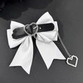 Detail of gothic white bow hair clip with black leather strap and pixel heart chain - White