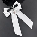 Gothic white satin bow hair clip with black leather strap and silver heart cross pendant - White