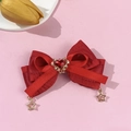 Barrette à cheveux nœud en satin rouge avec pierre de cœur et étoiles dorées - Rouge