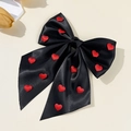 Elegant black satin bow hair clip with red 3D hearts for Valentine's Day style - Black
