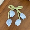Detail of silk tulip hair clip featuring green ribbon bow and light blue fabric buds - 2# Blue (4 Tulip Pendants)