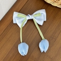 Dettaglio molletta per capelli con fiocco in raso azzurro e ciondoli a tulipano su legno - 5# Blu (2 Pendenti Tulipano)