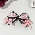 Barrette à cheveux élégante avec nœud en satin rose et dentelle noire style Lolita - Rose