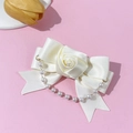 Detail of cream bow hair clip with handmade satin rose and hanging pearl chain tassels - Beige