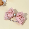 Fermaglio per capelli a fiocco rosa lolita con catena di perle e gemma a cuore rosa - Rosa