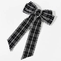 Close-up of black and white plaid tweed bow hair clip with elegant long ribbons - Large Black And White Plaid Bow With Long Tails (7#)