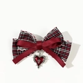 Haarspange mit karierter Schleife im japanischen Stil und silbernem Herzanhänger mit Kreuz - Rot-Schwarz Karierter Herz-Kreuz-Stil (2#)