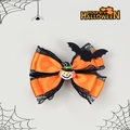 Barrette d'Halloween en dentelle noire avec satin orange, ailes de chauve-souris et clown - Barrette Nœud Large à Frange Longue / 3#