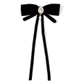 Broche nœud en velours noir élégant avec centre en cristal et perle blanche pendante - Noir