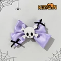 Gothic purple ribbon bow hair clip with white glitter skull for Halloween costumes - Glitter Skull Purple Black Large Bow Style (6#)