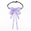 Detail showing purple satin bowknot with a pearl rhinestone center and adjustable strap - Elastic Band Style / Purple