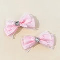 Pink satin bow hair clips with white lace edge and heart rhinestone for girls - Pink