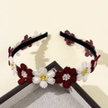 Blumiger Haarreif mit weißen Gänseblümchen und roten Blumen auf schwarzem Spitzenband - Weiße Und Dunkelrote Blumen (4#)