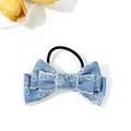 Detailed shot of blue denim bow hair tie with delicate white daisy floral embroidery - Light Blue Bow Hair Tie (2#)