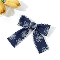Detail of blue denim bow hair clip with white daisy embroidery and scalloped edges - Dark Blue Bow Alligator Clip (3#)