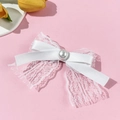 Elegante fermaglio per capelli a fiocco in pizzo bianco con perla su fondo rosa - Fermaglio Bianco